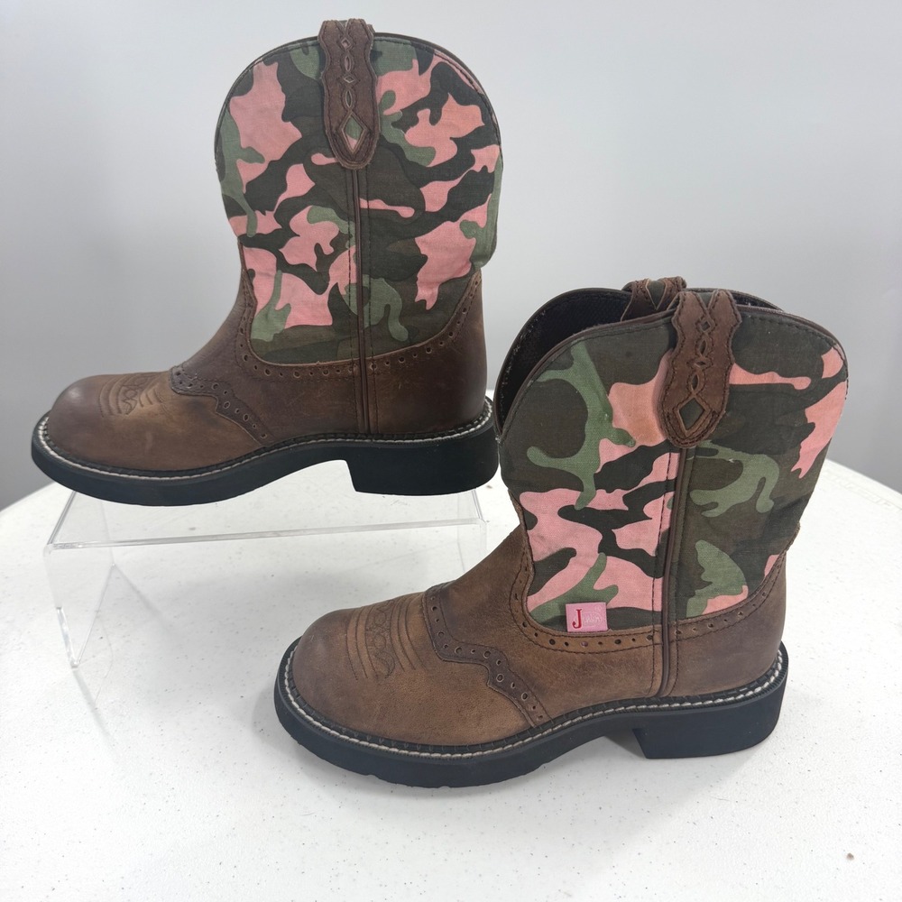 Justin Gypsy Cowgirl Boots Brown Leather Pink Camo L9913 Womens 7B Round Toe